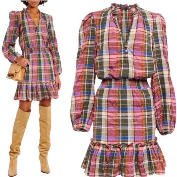 Veronica Beard Dresses & Skirts - NWT Veronica Beard Denim Destiny Dress Short Ruffles Olive Pink Plaid Size 6